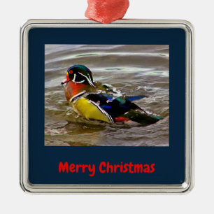 Ornement Carré Argenté Canard en bois coloré Drake Navy Noël encadré