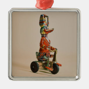 Ornement Carré Argenté Canard en jouet vintage à vélo