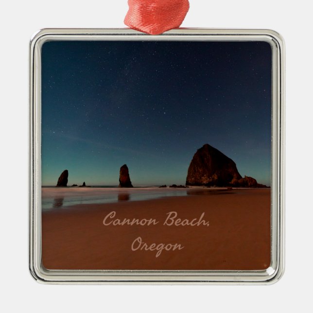 Ornement Carré Argenté Cannon Beach Oregon Haystack Rock (Devant)