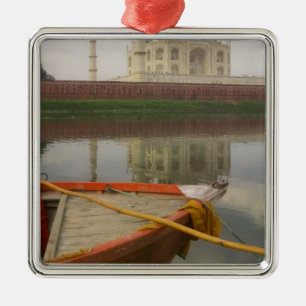 Ornement Carré Argenté Canot dans l'eau avec le Taj Mahal, Agra, Inde