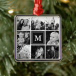 Ornement Carré Argenté Carré Photo Collage noir Monogramme personnalisé<br><div class="desc">Carré Photo Collage Monogrammé Ornement métallique personnalisé. Personnalisez ce design personnalisé avec jusqu'à 8 photos et votre propre monogramme initial ou texte personnalisé.</div>