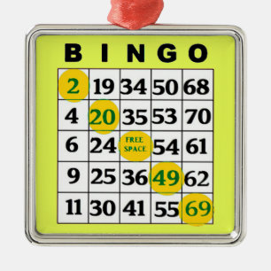 Ornement Carré Argenté Carte BINGO jaune Noël cadeau de BINGO Lover