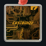 Ornement Carré Argenté Carte circuit orange PCB personnalisée geek Out<br><div class="desc">Cadeaux de circuits imprimés personnalisés pour les geeks ou cadeaux pour les nerds. En voici un pour l'Ordinateur Nerd ou Geek en chacun de nous. Geek Sortez votre Nerd avec cette carte de circuit électronique PCB personnalisée. Il s'agit d'une image de fond d'une carte de circuit imprimé ou d'une carte...</div>
