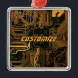 Ornement Carré Argenté Carte circuit orange PCB personnalisée geek Out<br><div class="desc">Cadeaux de circuits imprimés personnalisés pour les geeks ou cadeaux pour les nerds. En voici un pour l'Ordinateur Nerd ou Geek en chacun de nous. Geek Sortez votre Nerd avec cette carte de circuit électronique PCB personnalisée. Il s'agit d'une image de fond d'une carte de circuit imprimé ou d'une carte...</div>