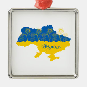 Ornement Carré Argenté Carte de l'Ukraine avec tournesol et drapeau ukrai