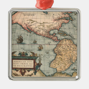 Ornement Carré Argenté Carte vintage de l'Amérique du Nord