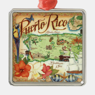 Ornement Carré Argenté Carte Vintage Porto Rico illustrée
