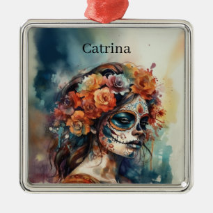 Ornement Carré Argenté Catrina aquarelle Dia de los Muertos Crâne de Sucr