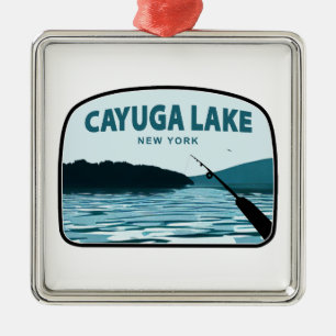 Ornement Carré Argenté Cayuga Lake New York Rod de pêche
