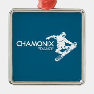 Ornement Carré Argenté Chamonix France Snowboardeur