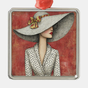 Ornement Carré Argenté Chapeau de soleil large vintage Dame sur fond roug