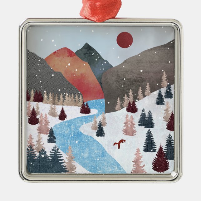 Ornement Carré Argenté Chasse hivernale Fox (Devant)