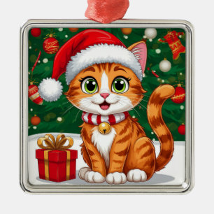 Ornement Carré Argenté Chat adorable avec un chapeau de Père Noël et un c