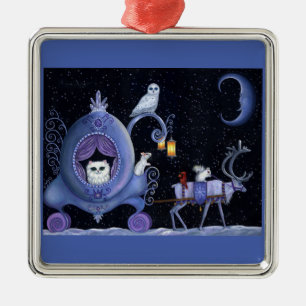 Ornement Carré Argenté Chat Blue Carriage Hivernal Chouette Neige Blanc C