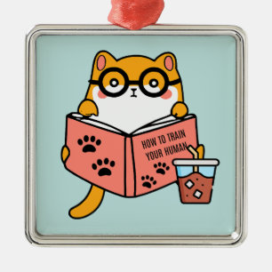 Ornement Carré Argenté Chat Cute Kawaii lisant un livre