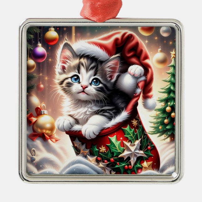 Ornement Carré Argenté Chat de Noël joyeux (Devant)