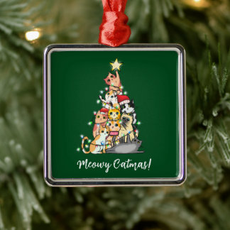Ornement Carré Argenté Chat de Noël Meowy Drôle Arbre de Noël
