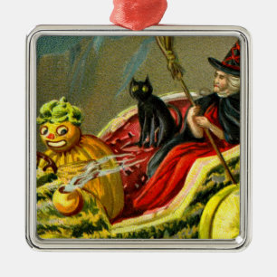 Ornement Carré Argenté Chat et sorcière vintage d'Halloween noir
