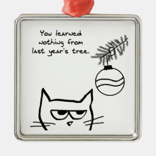 Ornement Carré Argenté Chat fâché et l'arbre de Noël