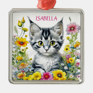 Ornement Carré Argenté Chat Fantaisiste et Fleurs Noël Personnalisé