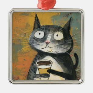 Ornement Carré Argenté Chat gris avec café sur fond ocre