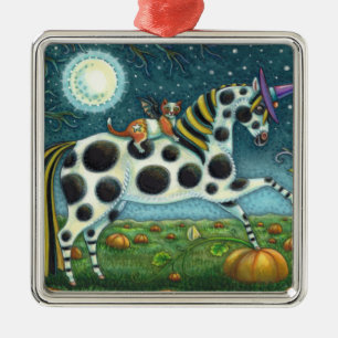 Ornement Carré Argenté CHAT HALLOWEEN PONY ET BAT CHAT Imaginaire Cheval