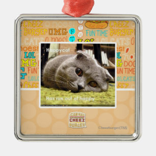 Ornement Carré Argenté Chat heureux, hors d'heureux