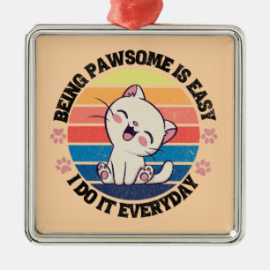 Ornement Carré Argenté Chat Kawaii blanc mou