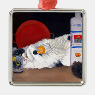 Ornement Carré Argenté Chat long Haired Tuxedo