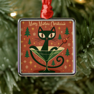 Ornement Carré Argenté Chat noir de Noël du milieu du siècle Merry Martin