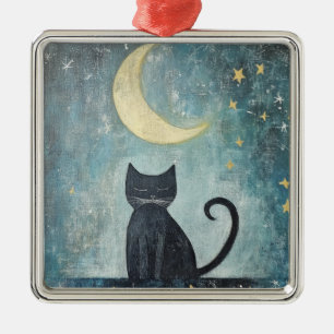 Ornement Carré Argenté Chat noir endormi avec croissant de lune et étoile