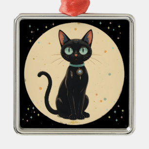 Ornement Carré Argenté Chat noir futuriste atomique Lune