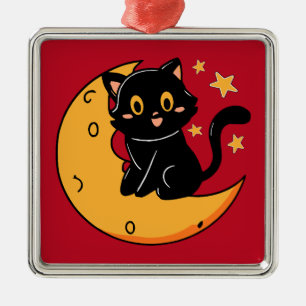 Ornement Carré Argenté Chat noir mignon assis sur la lune