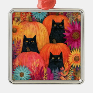 Ornement Carré Argenté Chat noir vigilant Patch de citrouille d'automne