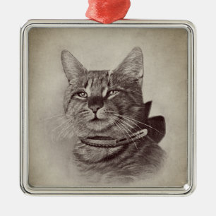 Ornement Carré Argenté Chat Vintage en Collier