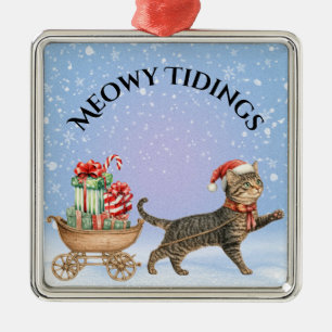 Ornement Carré Argenté Chat vintage - "Mowy Tidings", Pulling Wagon