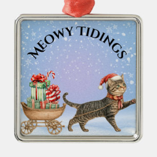 Ornement Carré Argenté Chat vintage - "Mowy Tidings", Pulling Wagon