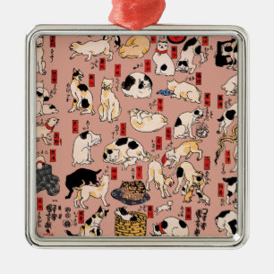 Ornement Carré Argenté Chaton de style Ukiyo-e japonais vintage : Kuniyos
