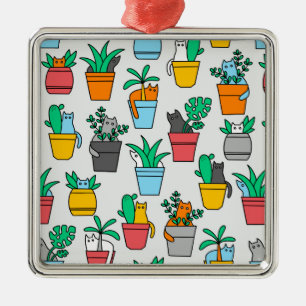 Ornement Carré Argenté Chats dans les pots à fleurs