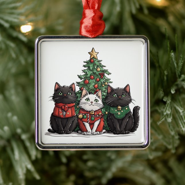 Ornement Carré Argenté Chats de Noël mignons (Arbre)
