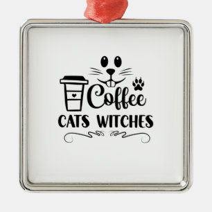 Ornement Carré Argenté Chats Halloween sorcières de café Anniversaire