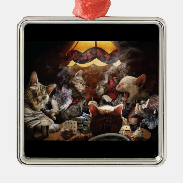 Ornement Carré Argenté Chats jouant au poker (Devant)
