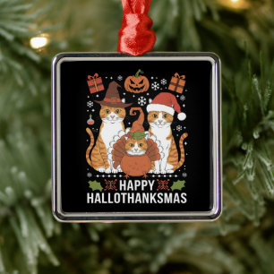 Ornement Carré Argenté Chats Joyeux Hallothanksmas Halloween Noël