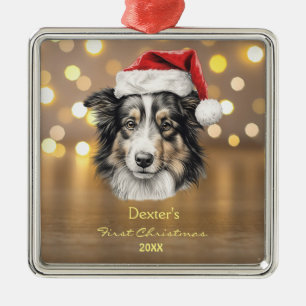 Ornement Carré Argenté Chatte Shetland Shepard Chien Chien Chien Santa Ha