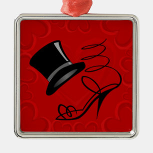 Ornement Carré Argenté Cherry Red Hearts Top Hat and High Heels