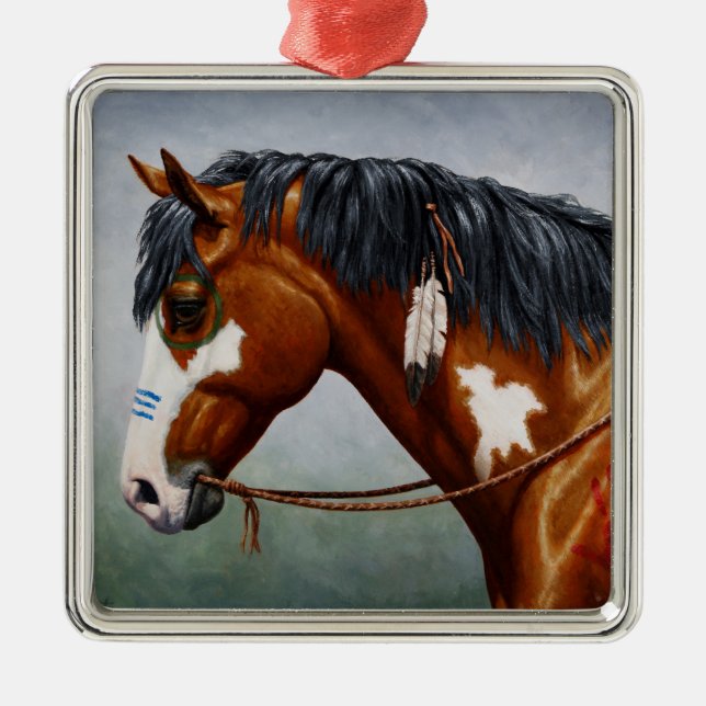 Ornement Carré Argenté Cheval de guerre Pinto de la baie amérindienne (Devant)