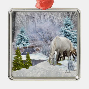 Ornement Carré Argenté Cheval de la forêt enchantée de Noël