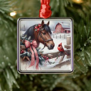 Ornement Carré Argenté Cheval de Noël Brown et cardinal