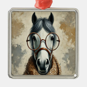 Ornement Carré Argenté Cheval élégant avec lunettes - Art Vintage amusant