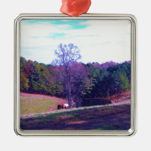 Ornement Carré Argenté Cheval éloigné dans un champ violet